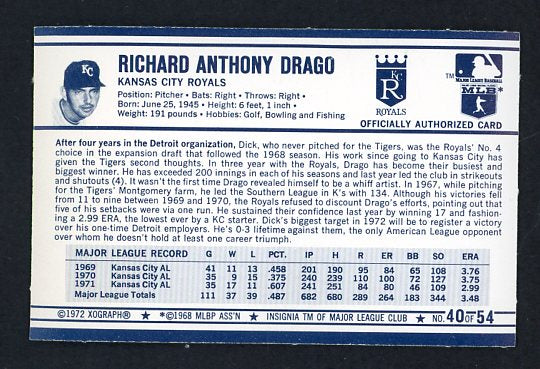 1972 Kelloggs #040 Dick Drago Royals NR-MT 530096