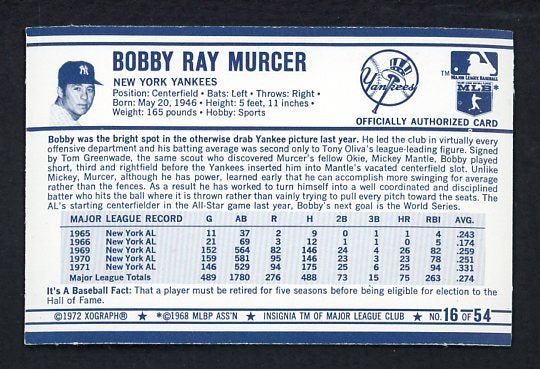 1972 Kelloggs #016 Bobby Murcer Yankees NR-MT 530122