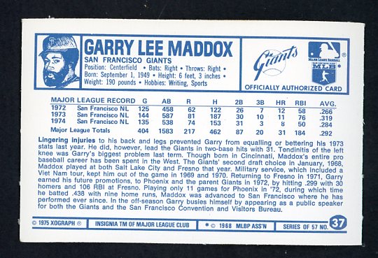 1975 Kelloggs Baseball #037 Garry Maddox Giants NR-MT 530156