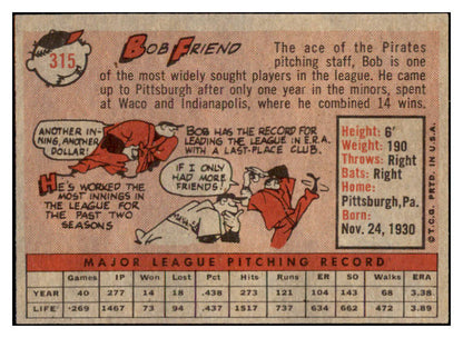 1958 Topps Baseball #315 Bob Friend Pirates NR-MT 530277
