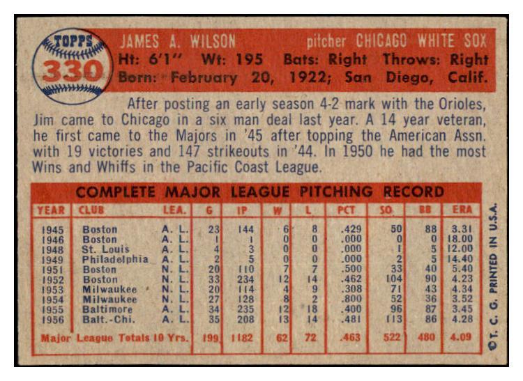 1957 Topps Baseball #330 Jim Wilson White Sox EX-MT 530390