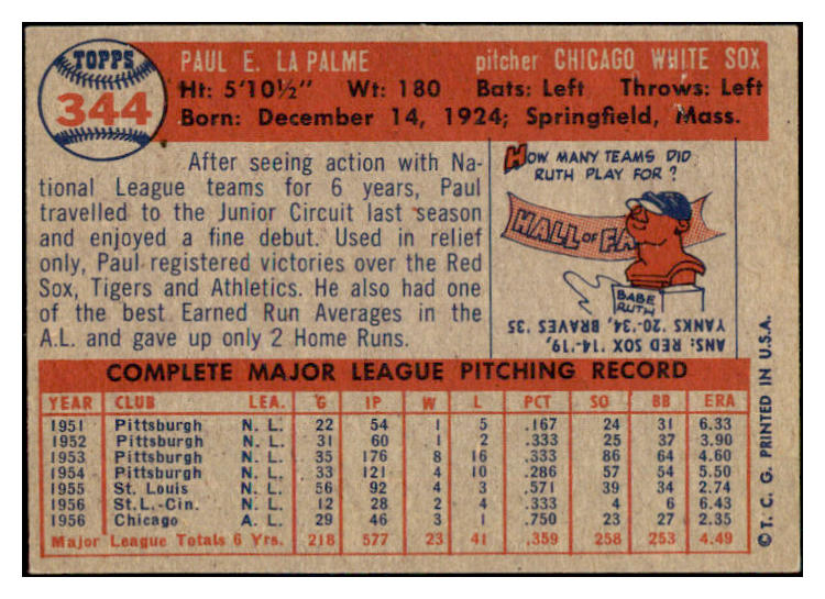 1957 Topps Baseball #344 Paul Lapalme White Sox EX-MT 530416