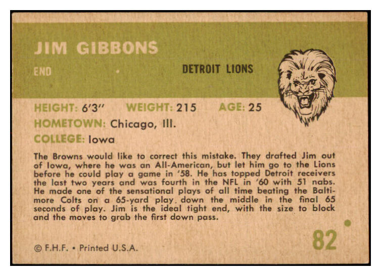1961 Fleer Football #082 Jim Gibbons Lions EX 530522