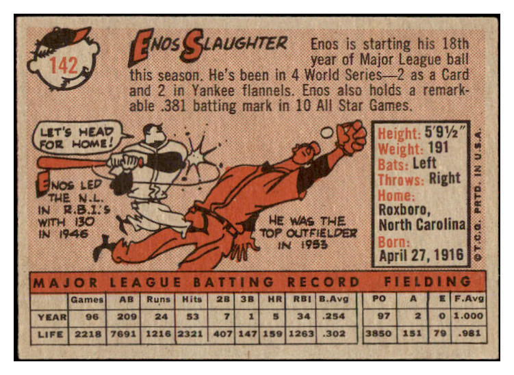 1958 Topps Baseball #142 Enos Slaughter Yankees EX-MT 530536