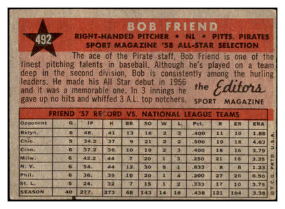 1958 Topps Baseball #492 Bob Friend A.S. Pirates EX 530576