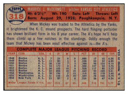 1957 Topps Baseball #318 Mickey McDermott A's VG-EX 530602