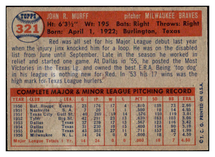 1957 Topps Baseball #321 Red Murff Braves EX 530623