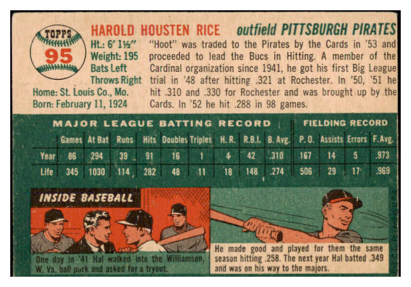 1954 Topps Baseball #095 Hal Rice Pirates VG-EX 530646