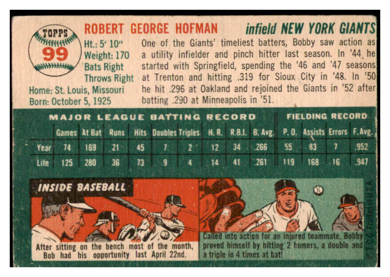 1954 Topps Baseball #099 Bobby Hofman Giants VG-EX 530649