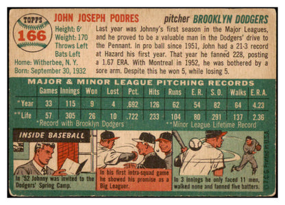 1954 Topps Baseball #166 Johnny Podres Dodgers VG 530675