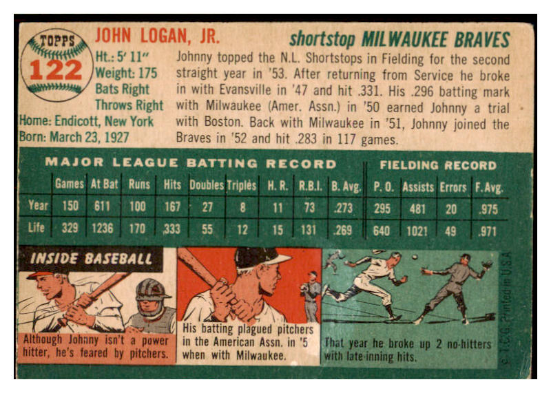 1954 Topps Baseball #122 Johnny Logan Braves VG-EX 530688