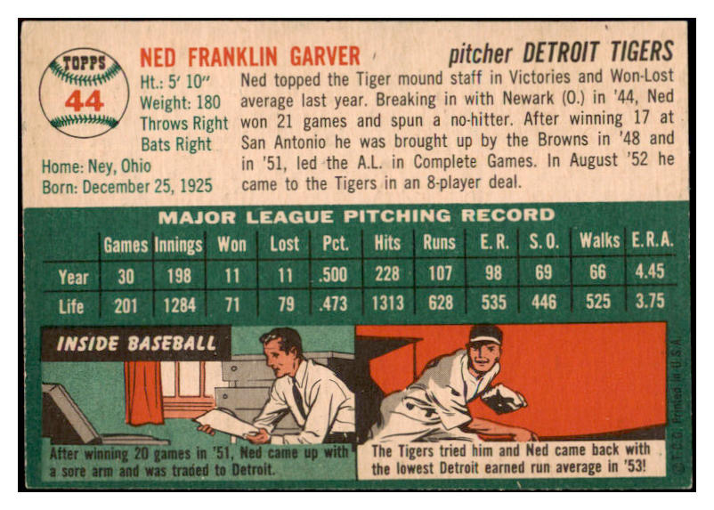 1954 Topps Baseball #044 Ned Garver Tigers VG-EX 530689
