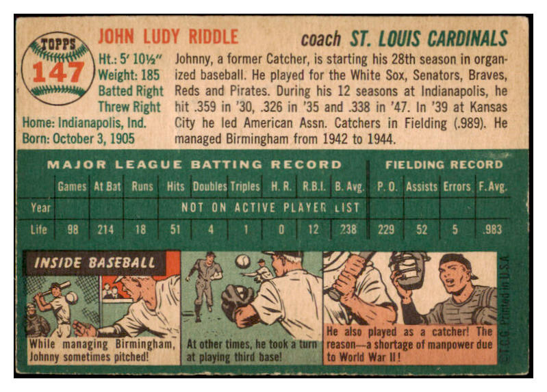 1954 Topps Baseball #147 Johnny Riddle Cardinals VG-EX 530698