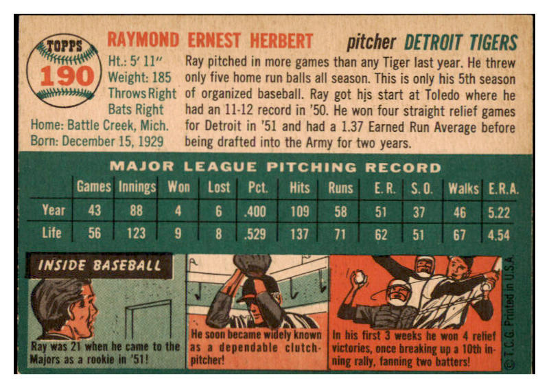 1954 Topps Baseball #190 Ray Herbert Tigers VG-EX 530722