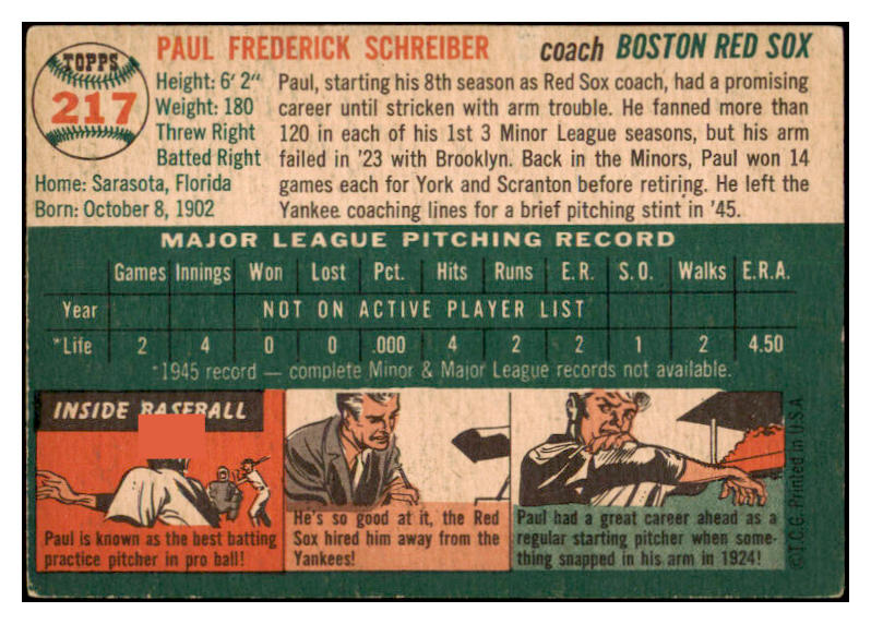 1954 Topps Baseball #217 Paul Schreiber Red Sox VG-EX 530736
