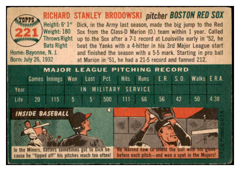 1954 Topps Baseball #221 Dick Brodowski Red Sox VG-EX 530746