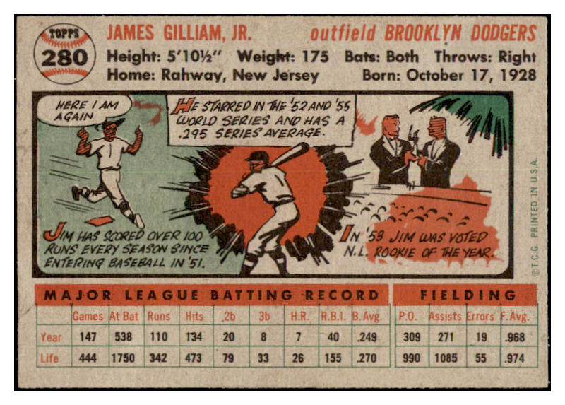 1956 Topps Baseball #280 Jim Gilliam Dodgers EX 530777