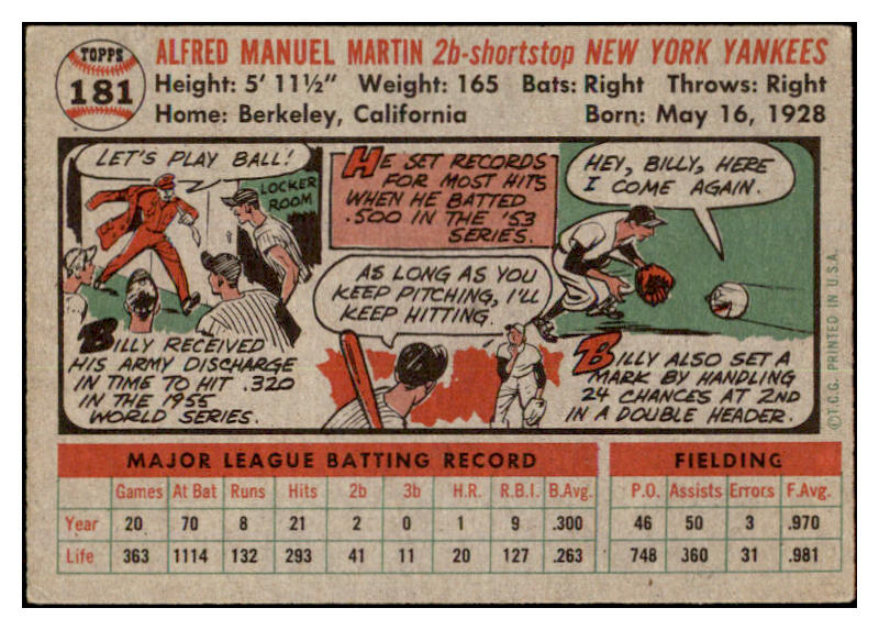 1956 Topps Baseball #181 Billy Martin Yankees VG-EX 530788