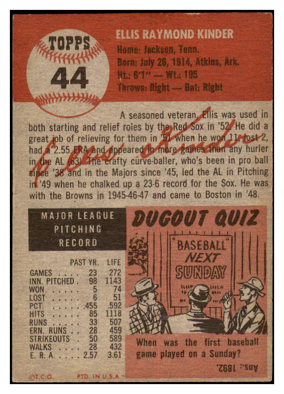 1953 Topps Baseball #044 Ellis Kinder Red Sox VG-EX 530798
