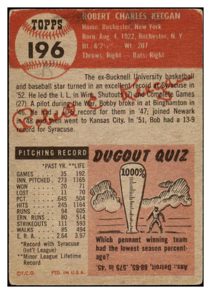 1953 Topps Baseball #196 Bob Keegan White Sox VG 530803