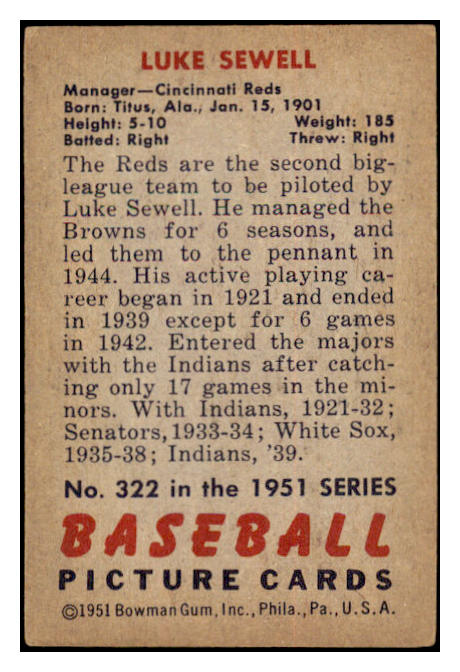 1951 Bowman Baseball #322 Luke Sewell Reds EX 530808