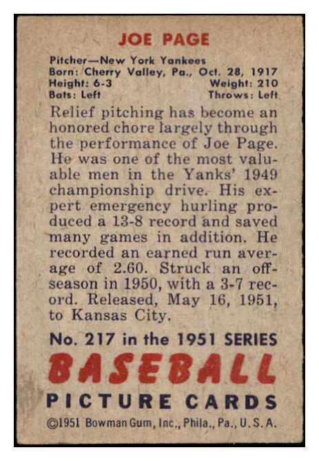1951 Bowman Baseball #217 Joe Page Yankees VG-EX 530815