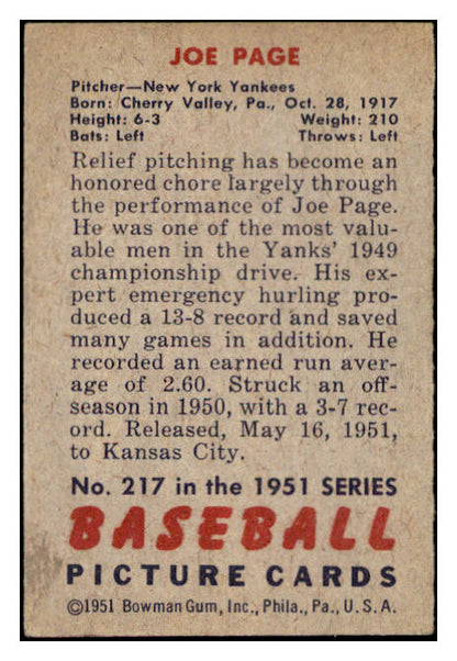 1951 Bowman Baseball #217 Joe Page Yankees VG-EX 530815
