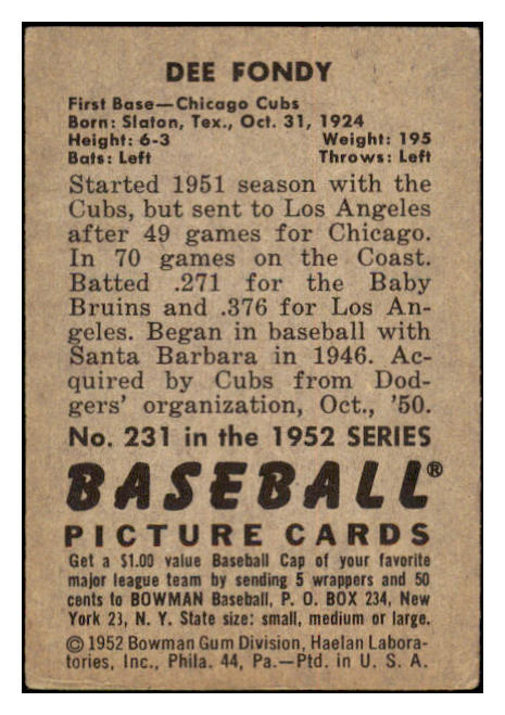 1952 Bowman Baseball #231 Dee Fondy VG 530818