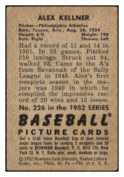1952 Bowman Baseball #226 Alex Kellner A's VG 530819