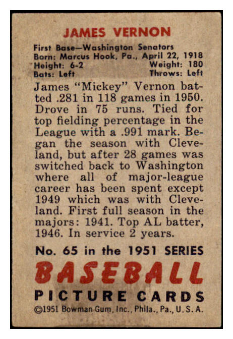 1951 Bowman Baseball #065 Mickey Vernon Senators EX 530838