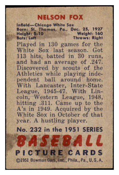 1951 Bowman Baseball #232 Nellie Fox White Sox EX 530855