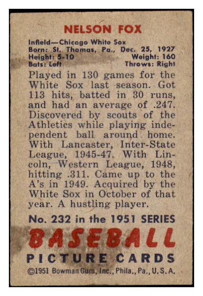 1951 Bowman Baseball #232 Nellie Fox White Sox EX 530855