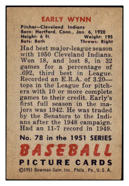 1951 Bowman Baseball #078 Early Wynn Indians EX 530860