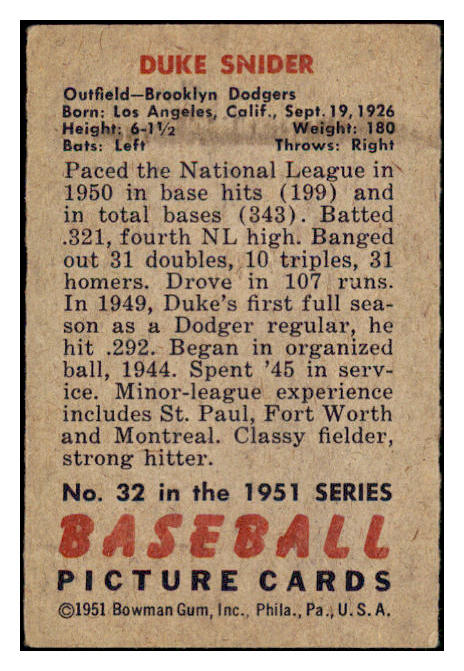 1951 Bowman Baseball #032 Duke Snider Dodgers VG-EX 530863