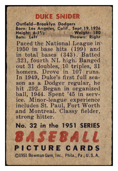 1951 Bowman Baseball #032 Duke Snider Dodgers VG-EX 530863