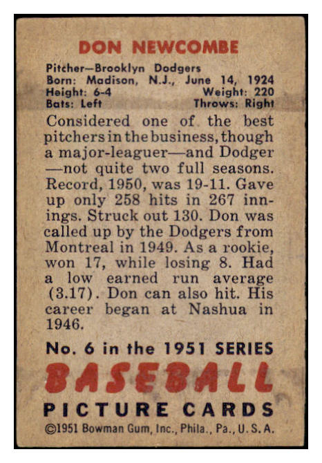 1951 Bowman Baseball #006 Don Newcombe Dodgers EX 530864