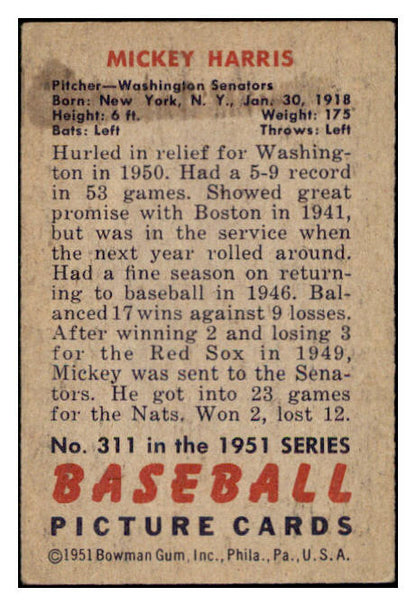 1951 Bowman Baseball #311 Mickey Harris Senators EX 530876