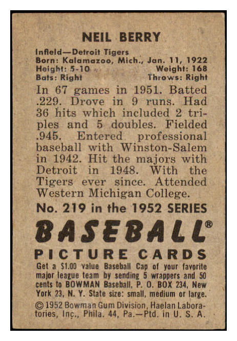 1952 Bowman Baseball #219 Neil Berry Tigers EX 530895