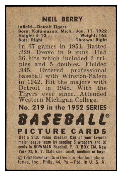 1952 Bowman Baseball #219 Neil Berry Tigers EX 530895