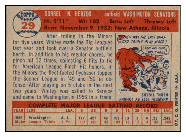1957 Topps Baseball #029 Whitey Herzog Senators EX-MT 530958