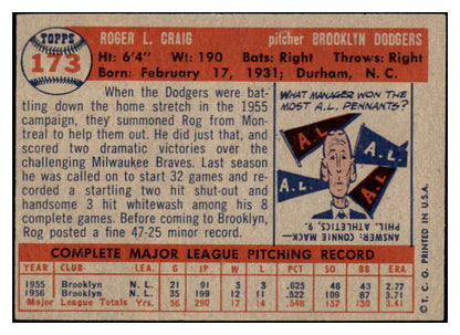 1957 Topps Baseball #173 Roger Craig Dodgers EX-MT 531020