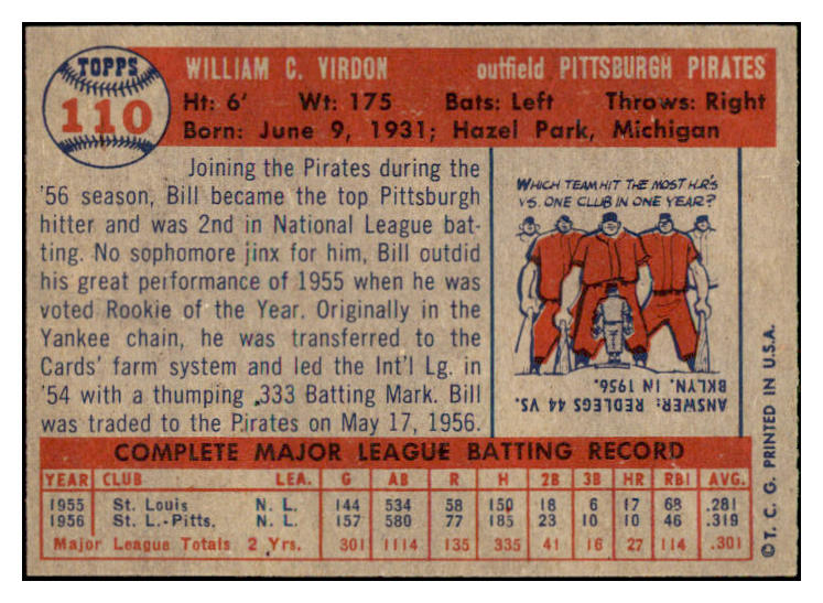 1957 Topps Baseball #110 Bill Virdon Pirates EX-MT 531028