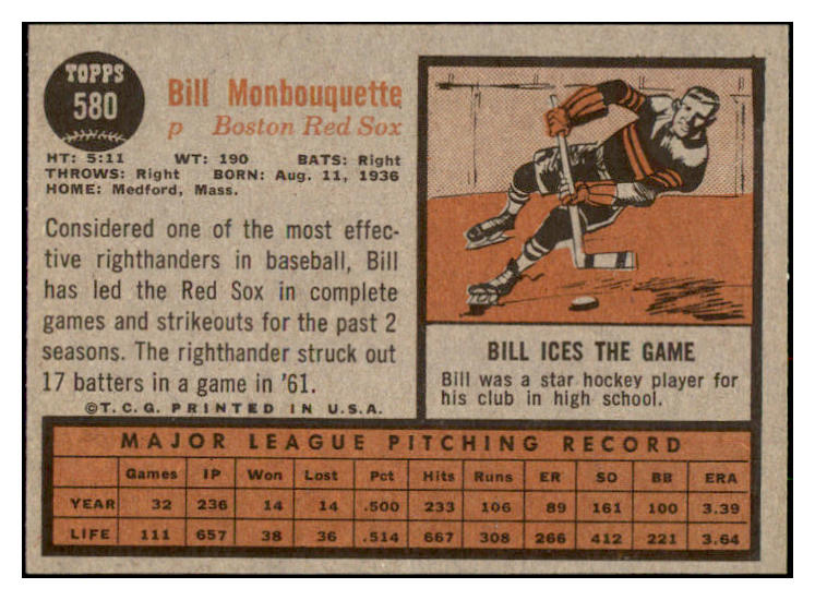 1962 Topps Baseball #580 Bill Monbouquette Red Sox EX-MT 531085