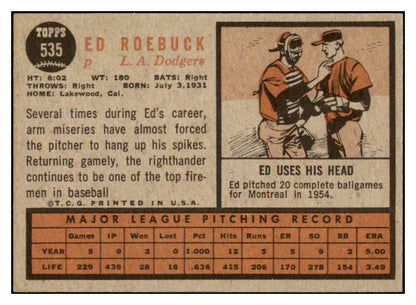 1962 Topps Baseball #535 Ed Roebuck Dodgers EX-MT 531089
