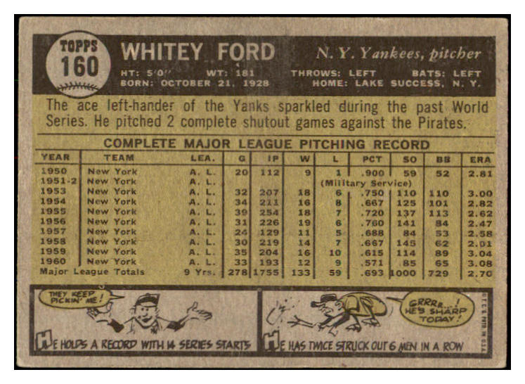 1961 Topps Baseball #160 Whitey Ford Yankees EX 531135