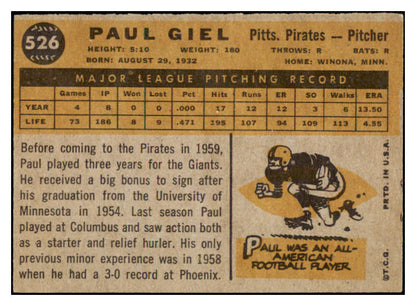 1960 Topps Baseball #526 Paul Giel Pirates EX-MT 531203