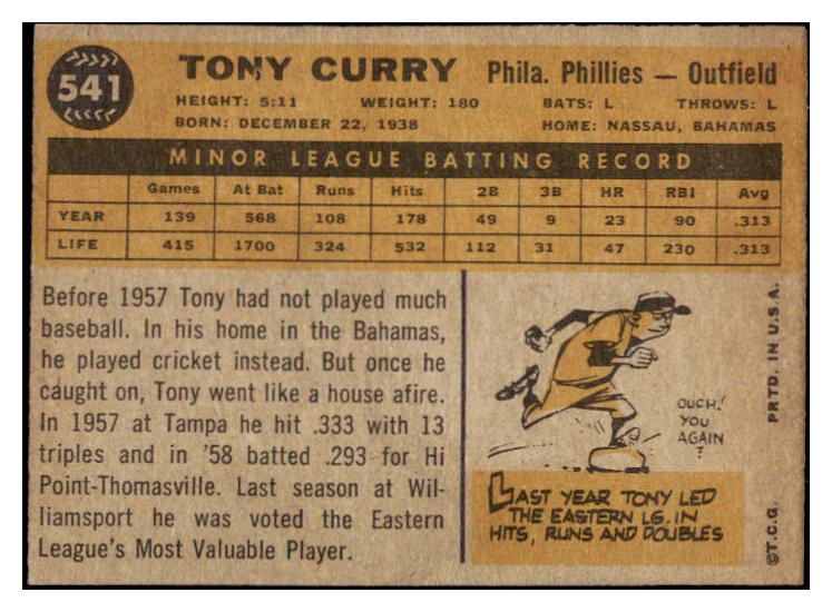 1960 Topps Baseball #541 Tony Curry Phillies EX-MT 531210