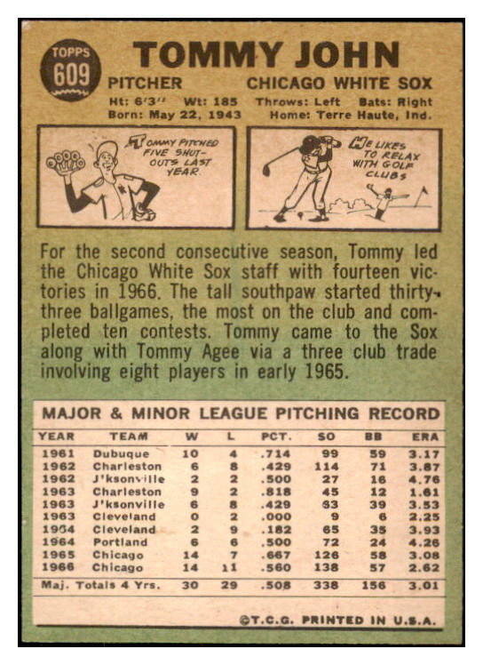 1967 Topps Baseball #609 Tommy John White Sox EX-MT 531221