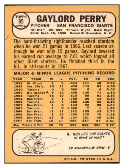 1968 Topps Baseball #085 Gaylord Perry Giants NR-MT 531292