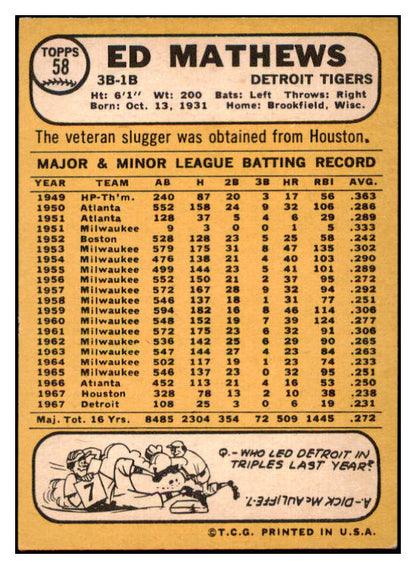 1968 Topps Baseball #058 Eddie Mathews Tigers NR-MT 531293